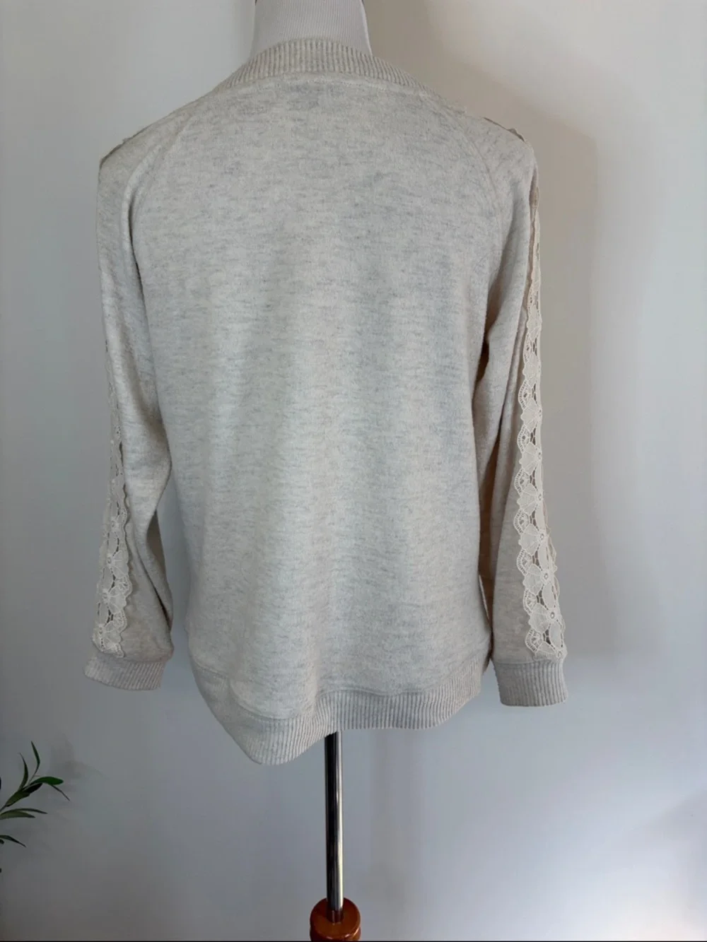 Democracy Cream Lace-Accent Sleeves Crewneck Sweater | XS
